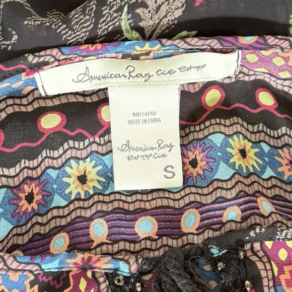 Boho Floral Blouse Women Size S Black Long Bell Sleeve Ruched Waist Peasant Top - Picture 4 of 9